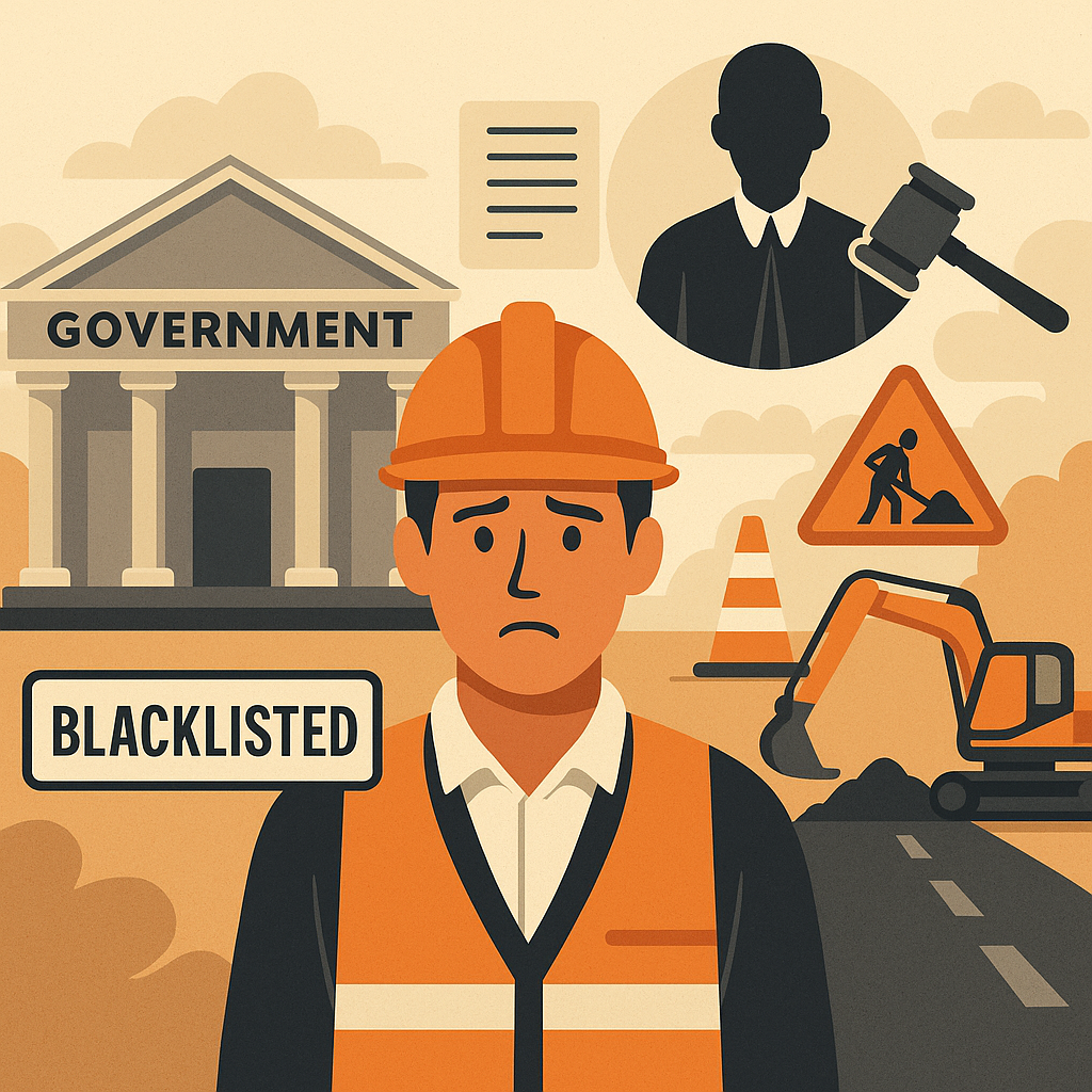Illustration of a road contractor marked blacklisted with government building, judge’s gavel, and road construction scene in Indian context.