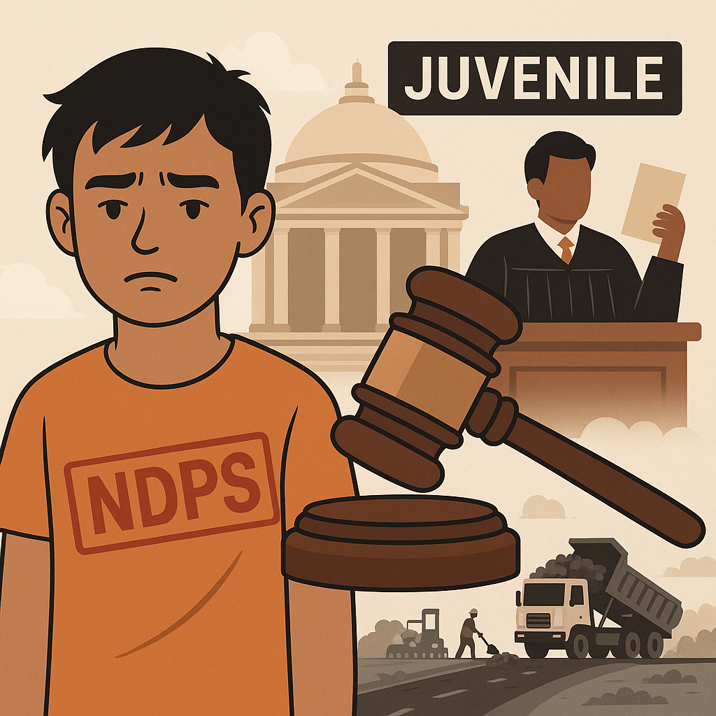 Illustration of an Indian juvenile defendant in NDPS case with court gavel, judge, and government building symbolizing juvenile bail denial