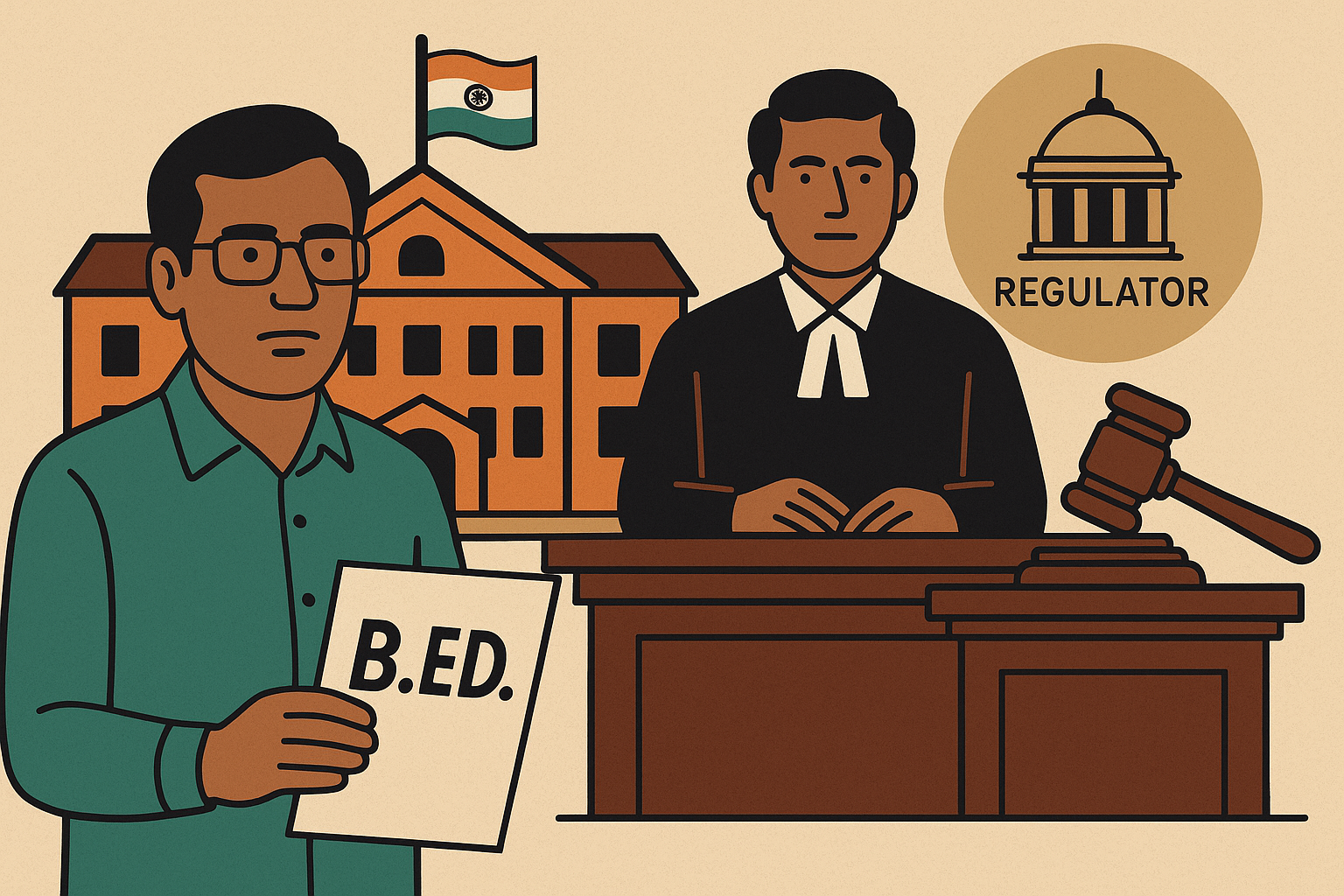 Illustration of Indian university representative with B.Ed. document before a judge and regulator, symbolizing Patna High Court’s education ruling.