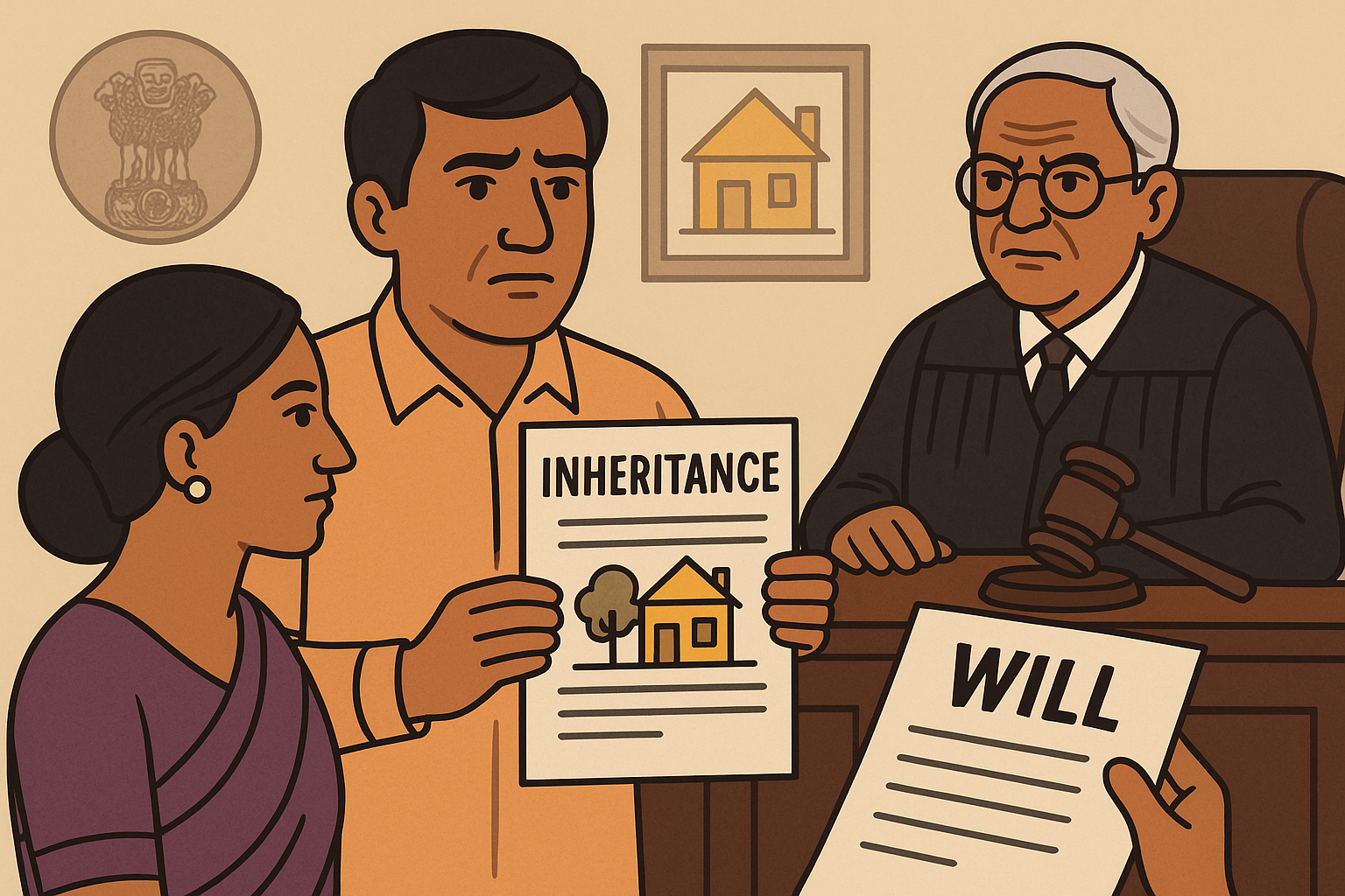 Illustration of Indian family property dispute in court with inheritance claim versus Will claim before a judge.
