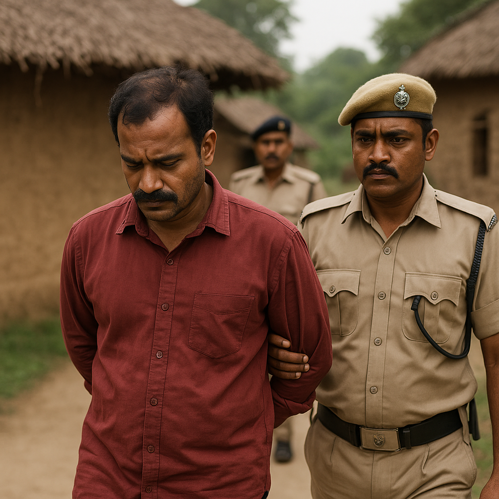 Police escorting accused man through a rural Bihar village after Patna High Court cancelled his anticipatory bail.