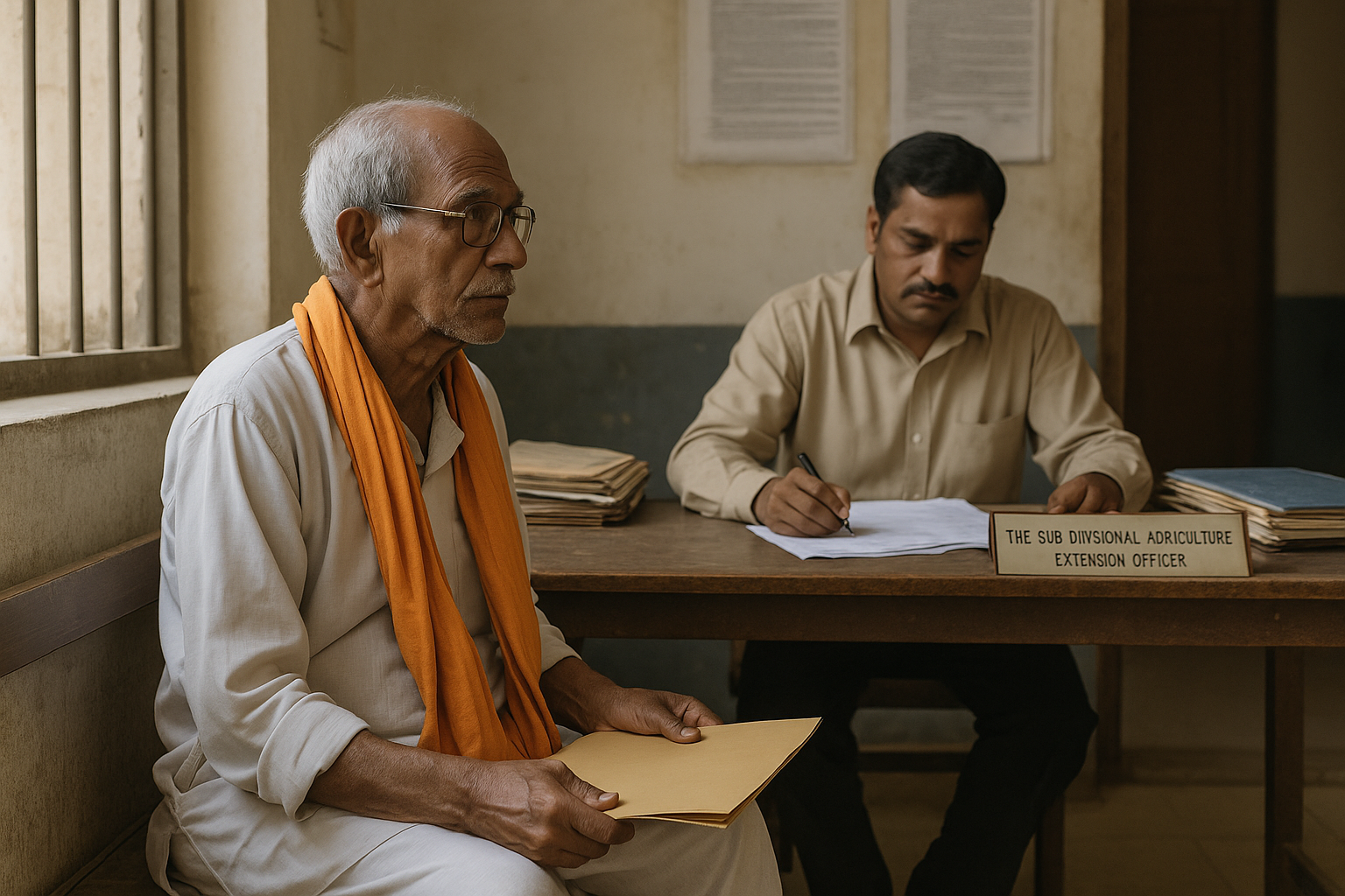 Elderly retired man at Bihar government office waiting for pension refixation under Patna High Court judgment.
