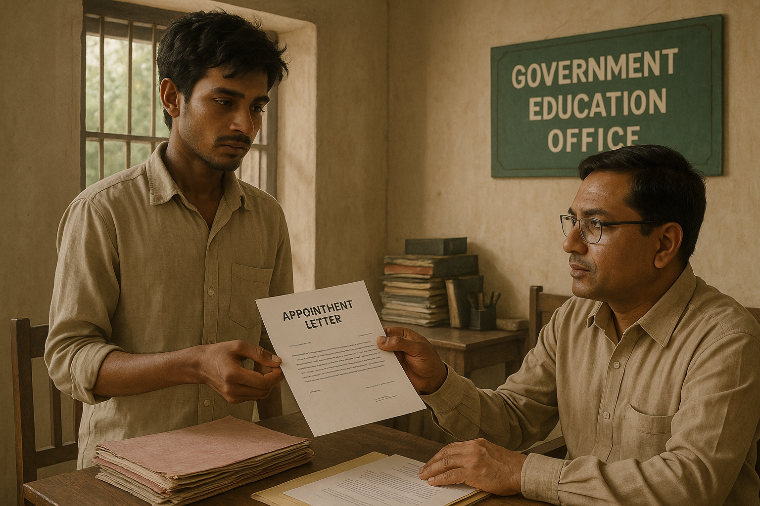 Young man receiving compassionate appointment letter at Bihar government education office under Patna High Court judgment