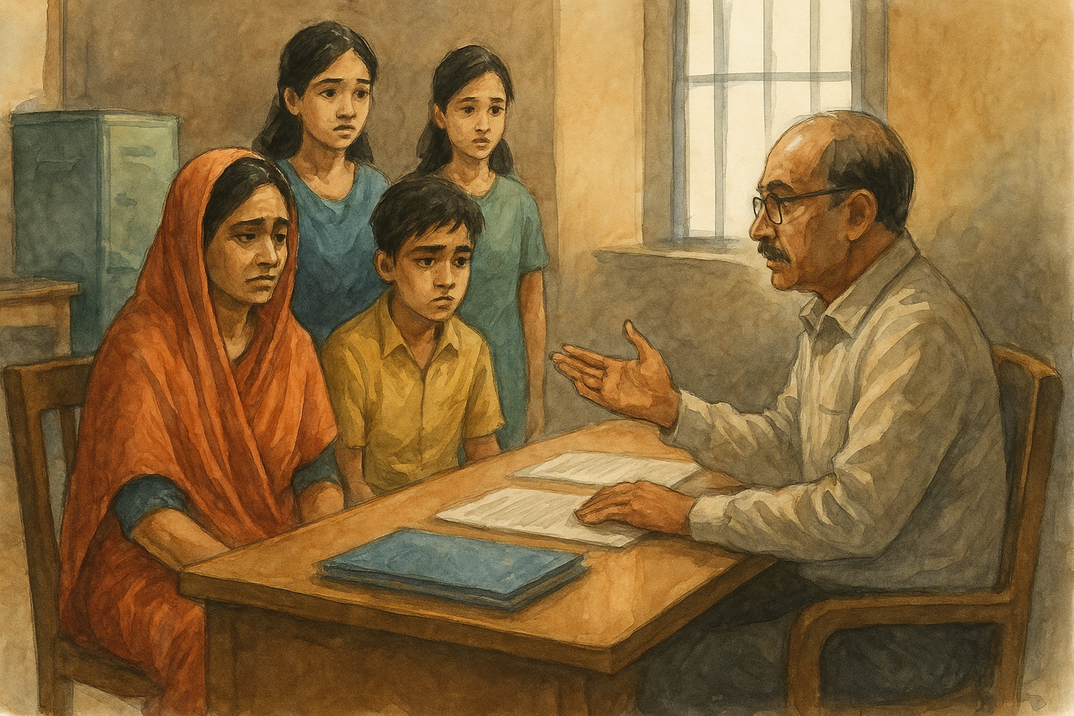 Watercolor illustration of a deceased employee’s family meeting a government official about service benefits, based on Patna High Court ruling.