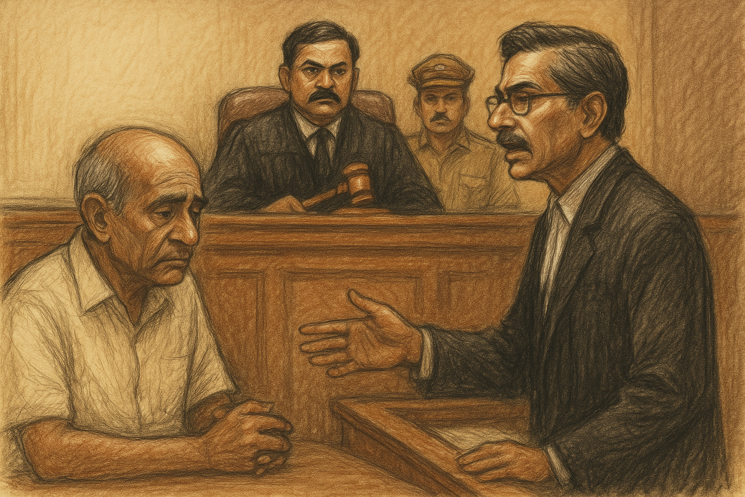 Courtroom sketch of Patna High Court hearing a case on withheld pension and retiral dues of a retired engineer.
