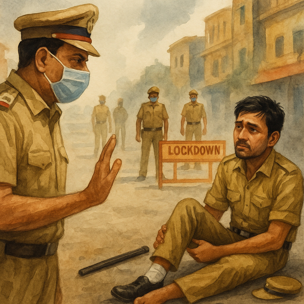 Watercolor illustration of police dismissal during lockdown, showing constitutional challenge under Article 311 decided by Patna High Court.