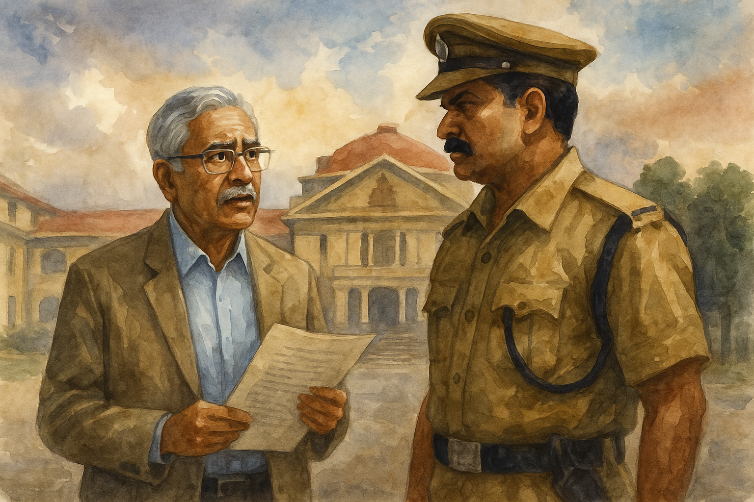 Watercolor illustration of retired government officer facing departmental inquiry delay, outside Patna High Court