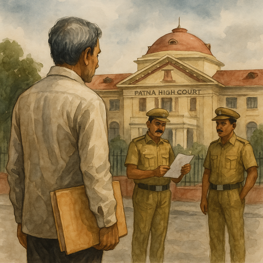 Watercolor illustration outside Patna High Court showing contractor facing blacklisting dispute with officers.