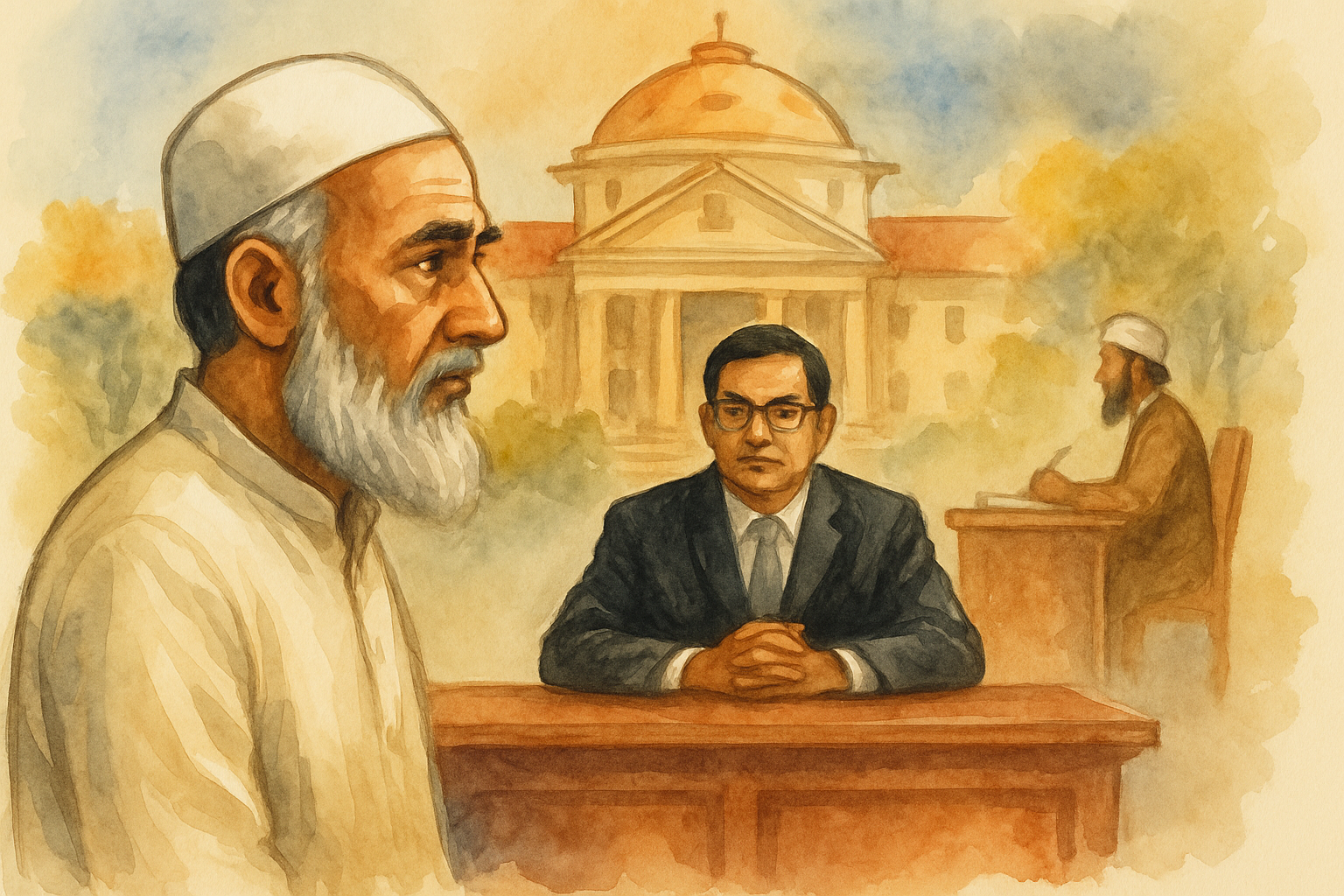 Watercolor illustration showing a madrasa teacher and judge in Patna High Court case about retirement benefits.