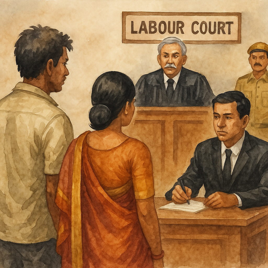 Watercolor courtroom scene of daily wage workers’ regularization dispute in Bihar Labour Court decided by Patna High Court