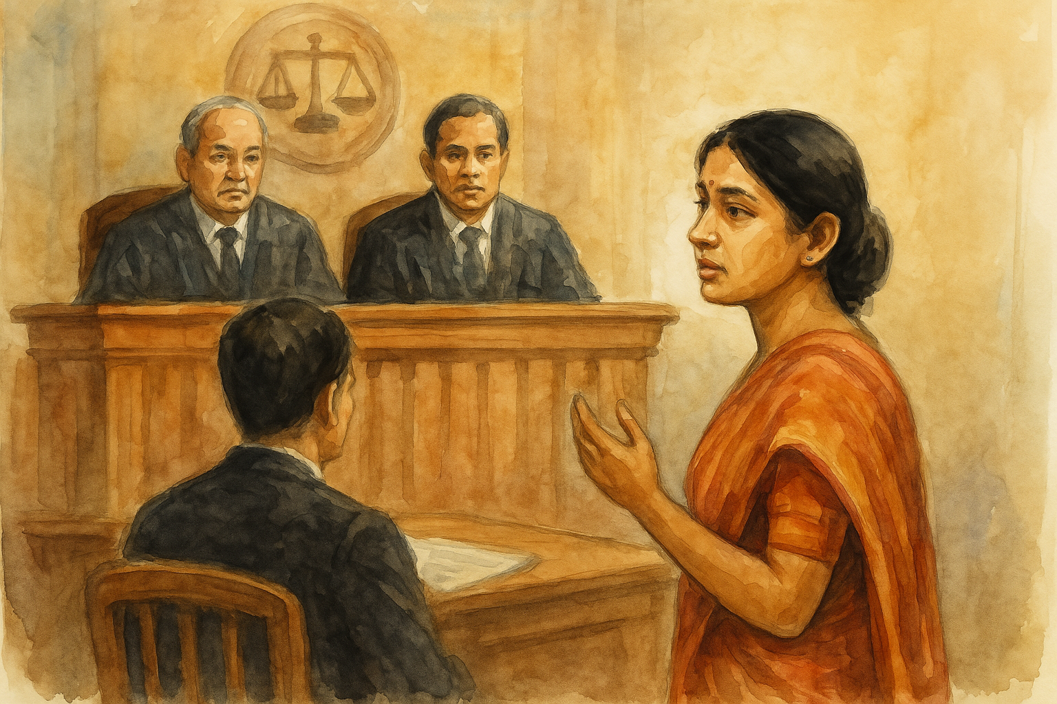 Watercolor courtroom illustration of a married daughter seeking compassionate appointment before Patna High Court judges.