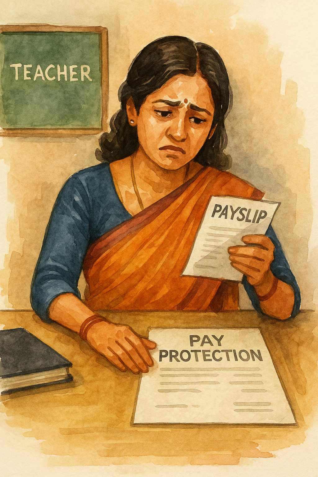 Watercolor illustration of an Indian teacher worried about payslip and pay protection dispute in Bihar schools.
