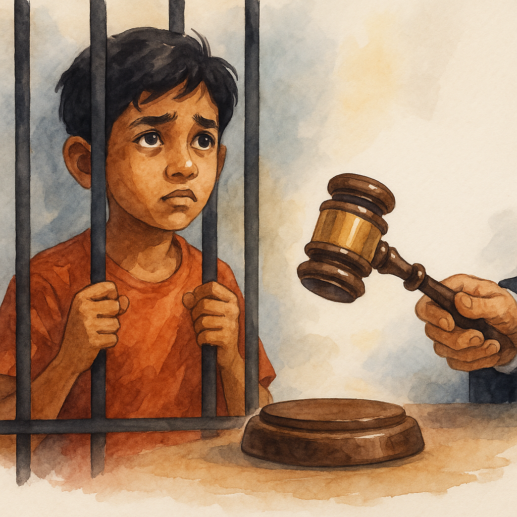 Watercolor illustration of a juvenile behind bars with judge’s gavel symbolizing Patna High Court bail order under Juvenile Justice Act.