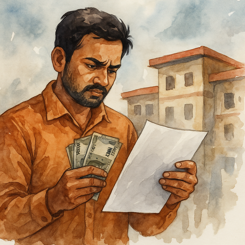 Watercolor illustration of an Indian contractor receiving pending dues payment after Patna High Court order