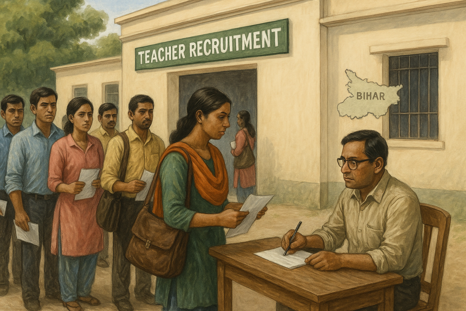 Realistic illustration of candidates applying for teacher recruitment in Bihar, reflecting Patna High Court ruling on STET eligibility.