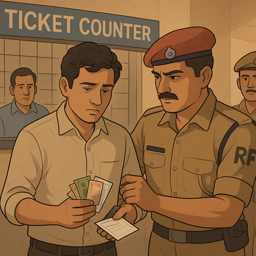 Illustration of RPF officer detaining a man at railway ticket counter with cash and slips, symbolizing Patna High Court ruling on unauthorized ticketing.