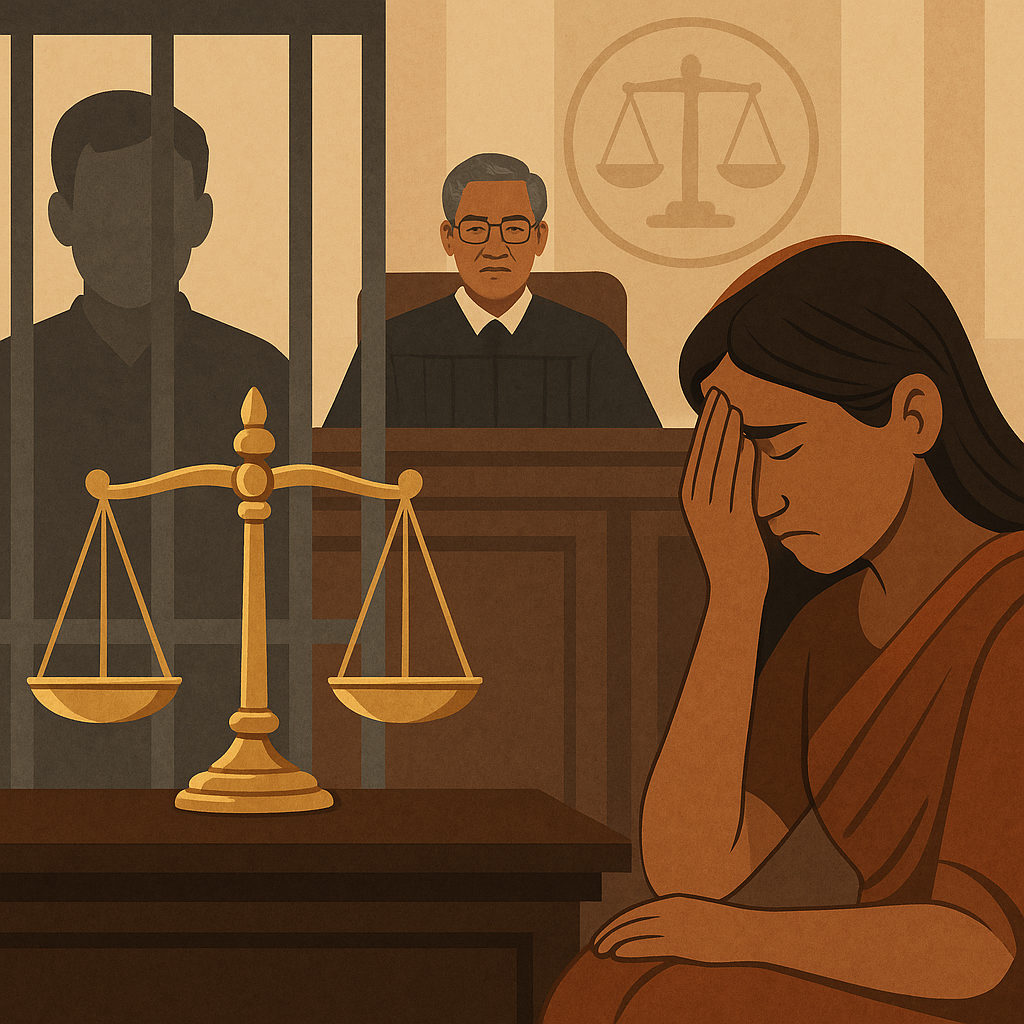 Illustration of dowry death case in Patna High Court showing grieving woman, judge, and accused behind bars symbolizing acquittal due to lack of evidence.