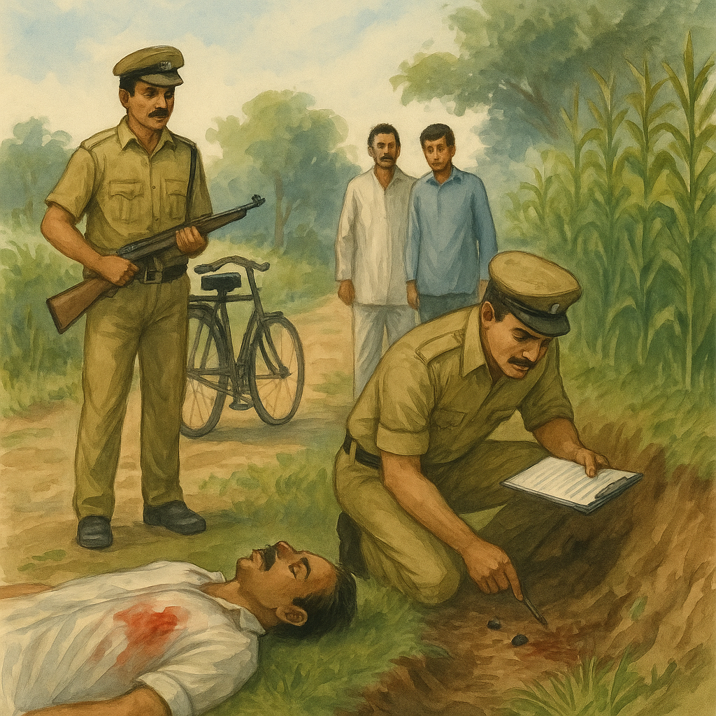 Watercolor painting of police investigating rural crime scene in Begusarai murder case reviewed by Patna High Court.