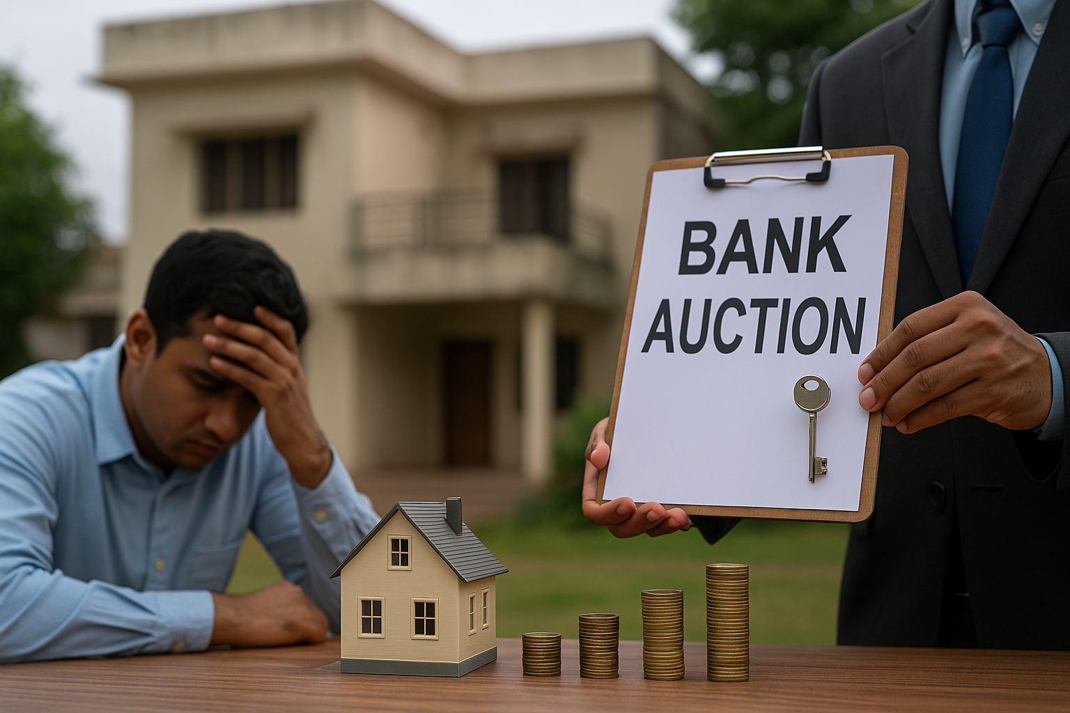 An Indian man distressed outside his house as bank officials prepare for property auction due to loan default.