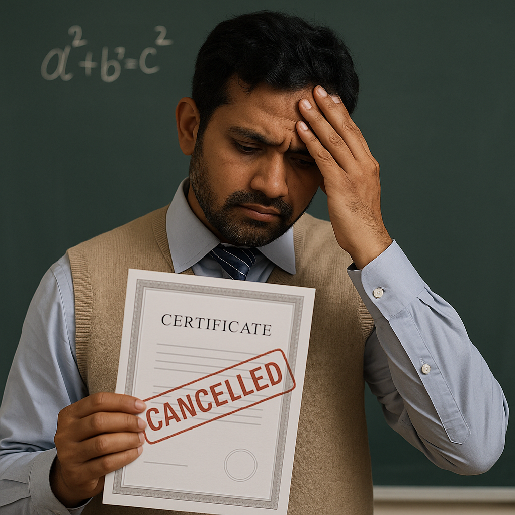 Indian teacher stressed while holding cancelled certificate after court upheld termination for fake qualification.