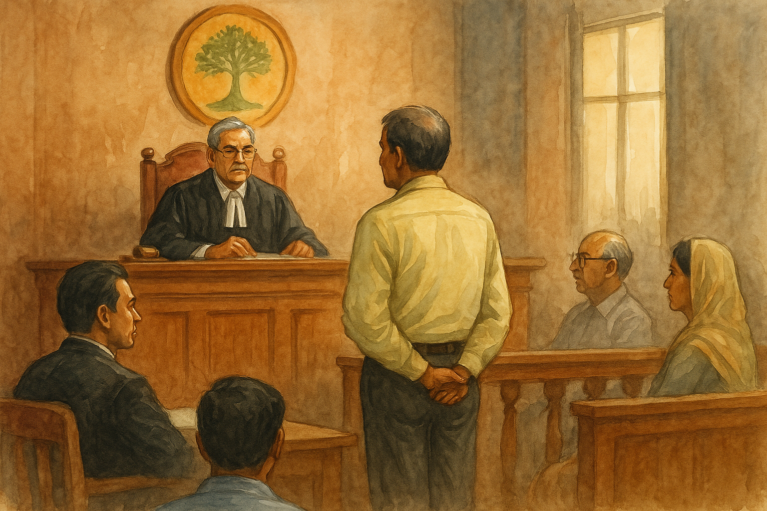 Watercolor illustration of an Indian courtroom scene in a case on writ maintainability and retiral dues decided by Patna High Court