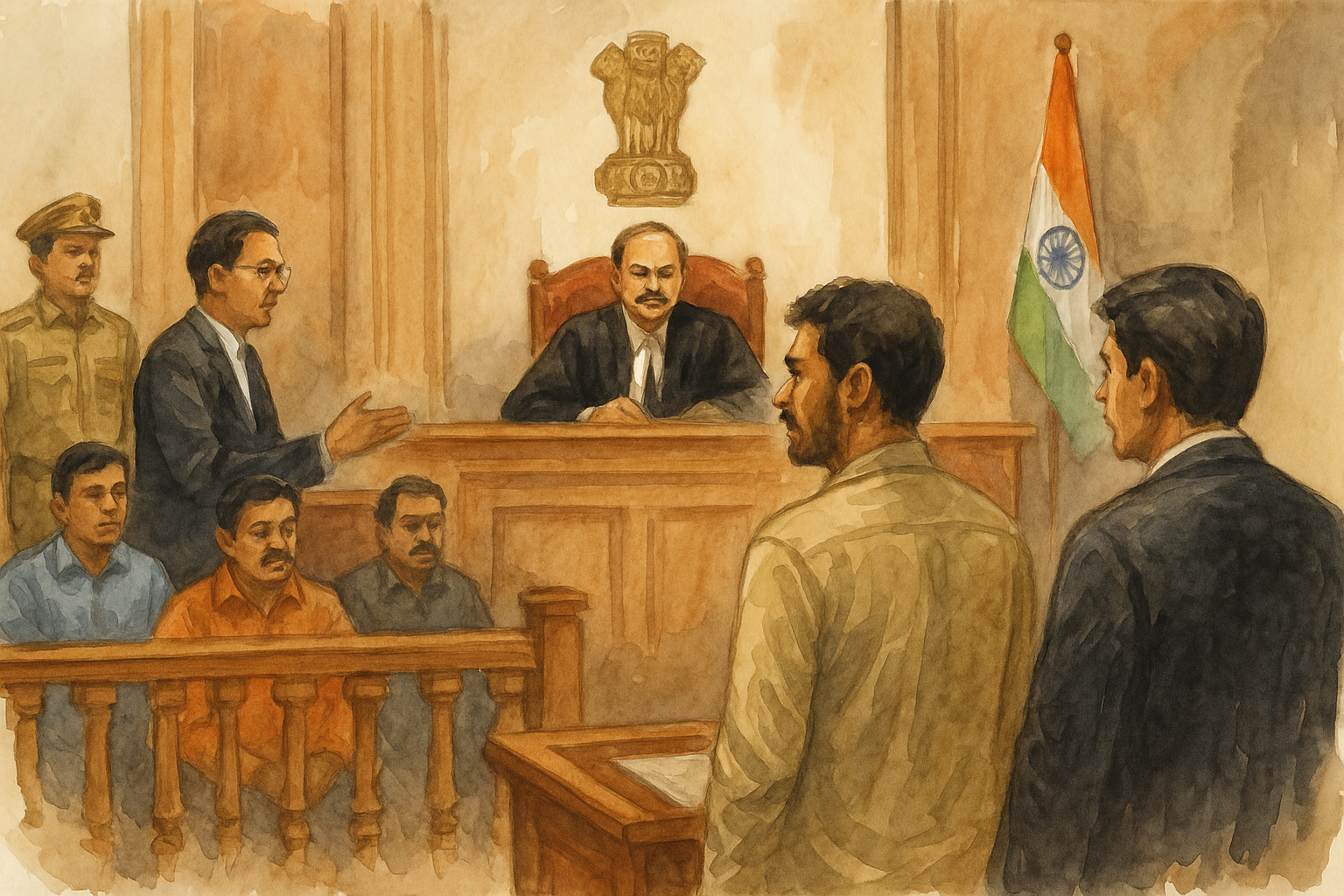 Watercolor courtroom illustration of Patna High Court hearing an NDPS appeal on fair trial and acquittal.