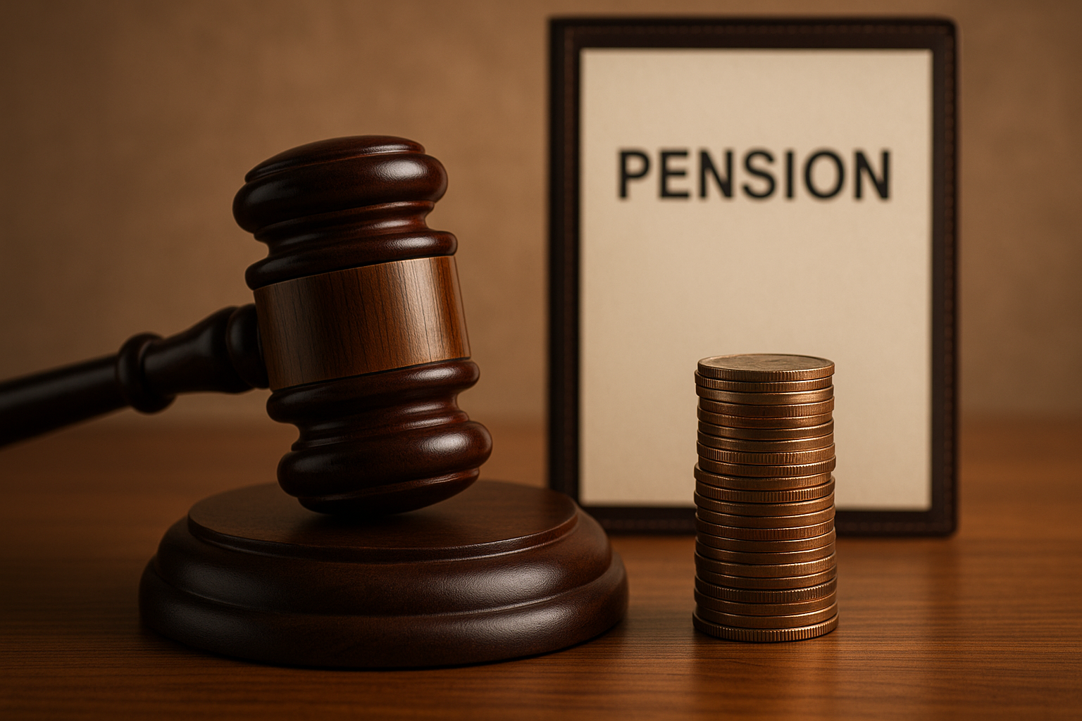 Courtroom illustration showing pension dispute and forfeiture decision under Patna High Court