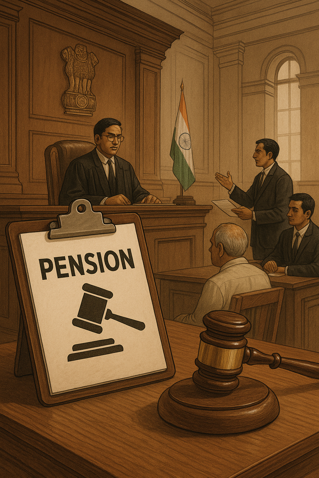 Courtroom scene showing Patna High Court judgment on pension forfeiture under Rule 43(a)