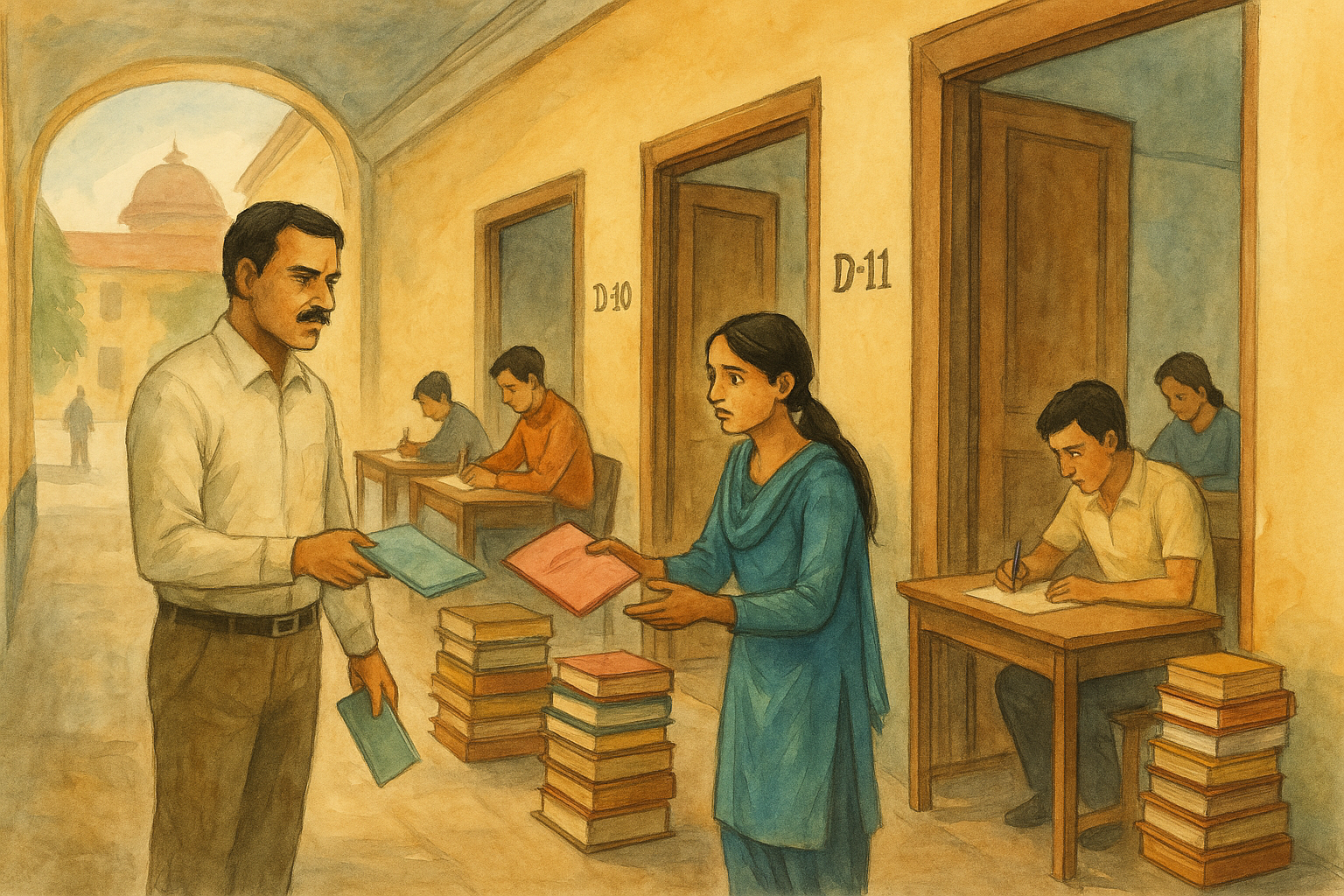 Watercolor illustration of Indian exam corridor showing three rooms on different dates, symbolizing Patna High Court directions on uniform standards and moderation.