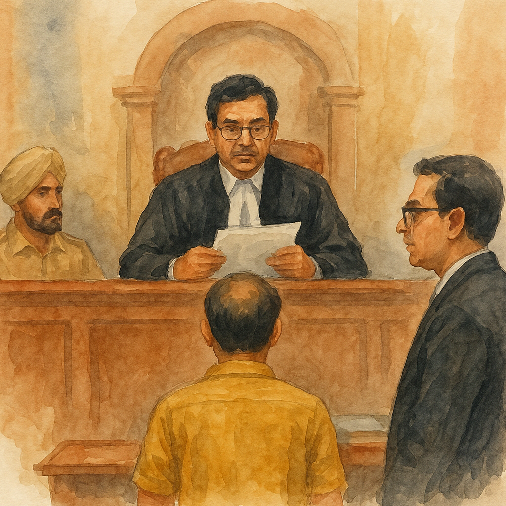 Watercolor courtroom scene of Patna High Court where a judge corrects a typographical error in a writ order