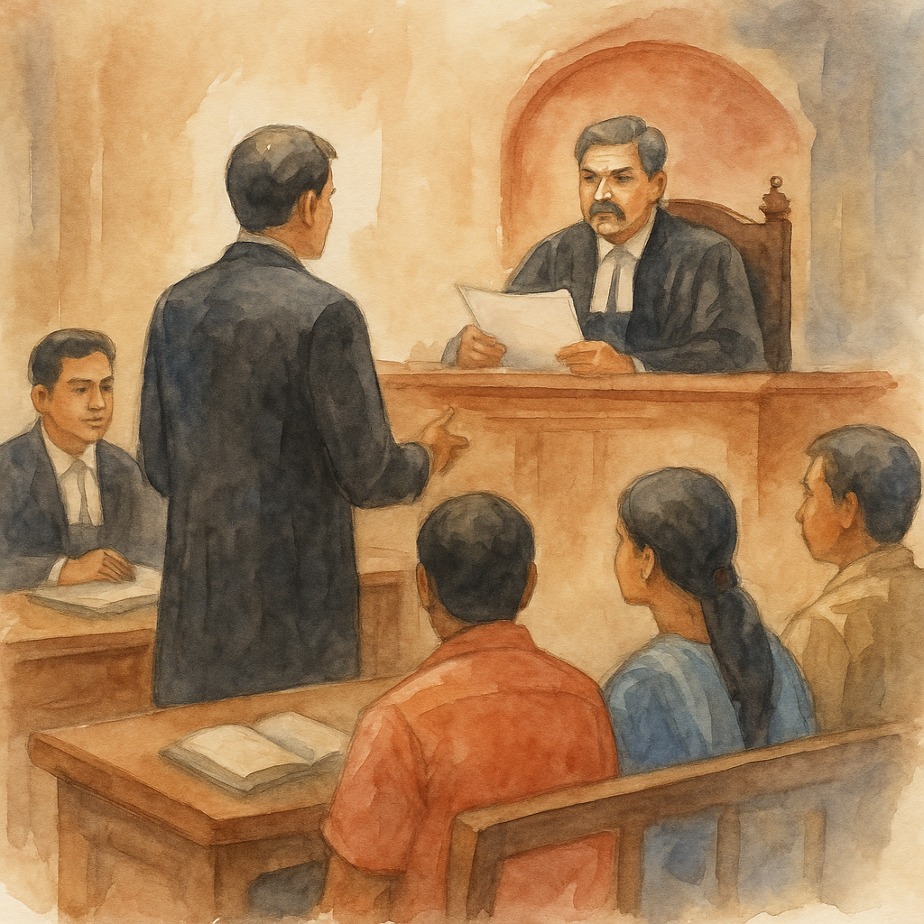 Watercolor illustration of Patna High Court hearing on suspension of a government officer
