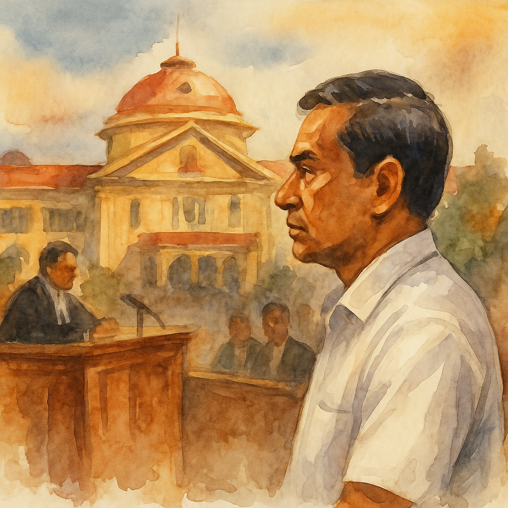 Watercolor courtroom illustration of pension rights dispute for daily wage employees at Patna High Court.