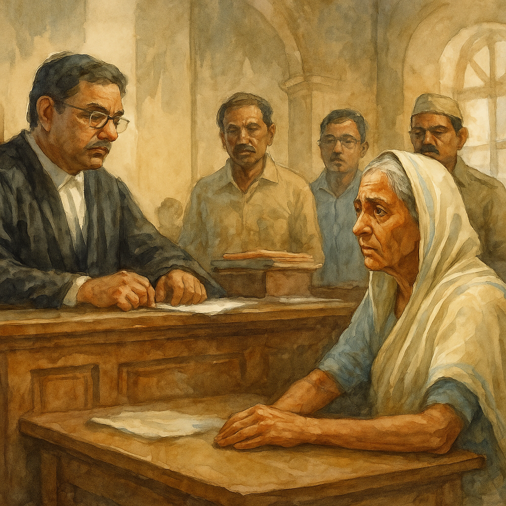 Courtroom watercolor showing an elderly widow seeking gratuity rights before a judge in Patna High Court