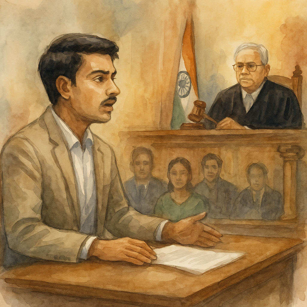 Watercolor courtroom scene showing young candidate challenging BPSC merit list before judge in Patna High Court