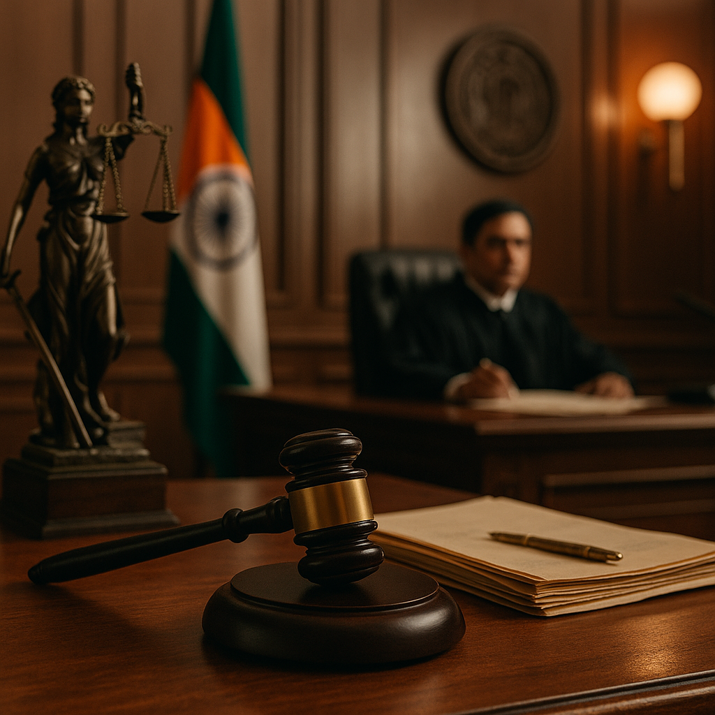 Inside Indian courtroom with judge, gavel, and legal documents symbolizing Patna High Court ruling on false affidavit in bail application.