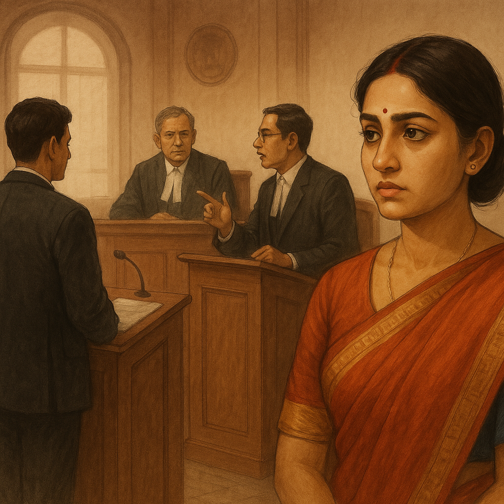 Courtroom illustration of Patna High Court case on restitution of conjugal rights between husband and wife