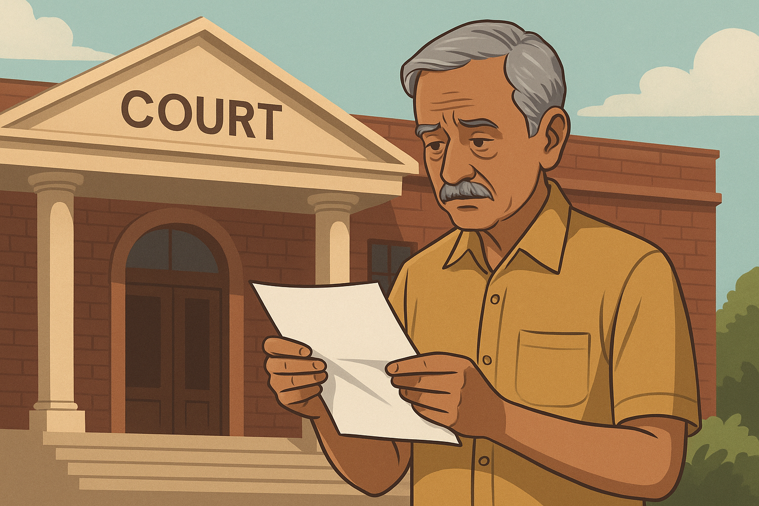 Illustration of retired Indian employee holding pension order outside court after Patna High Court judgment on pension cut
