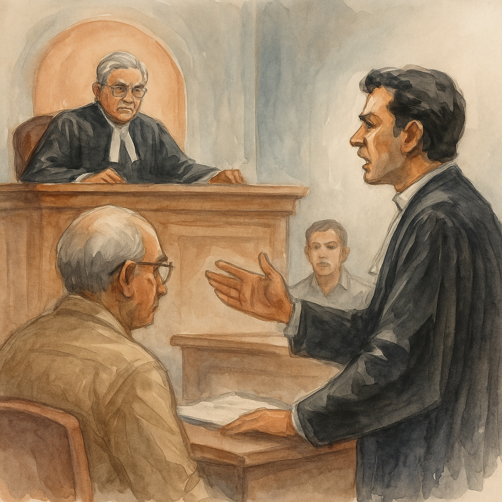 “Watercolor courtroom illustration of retired officer’s pension forfeiture case before Patna High Court judge and lawyers”
