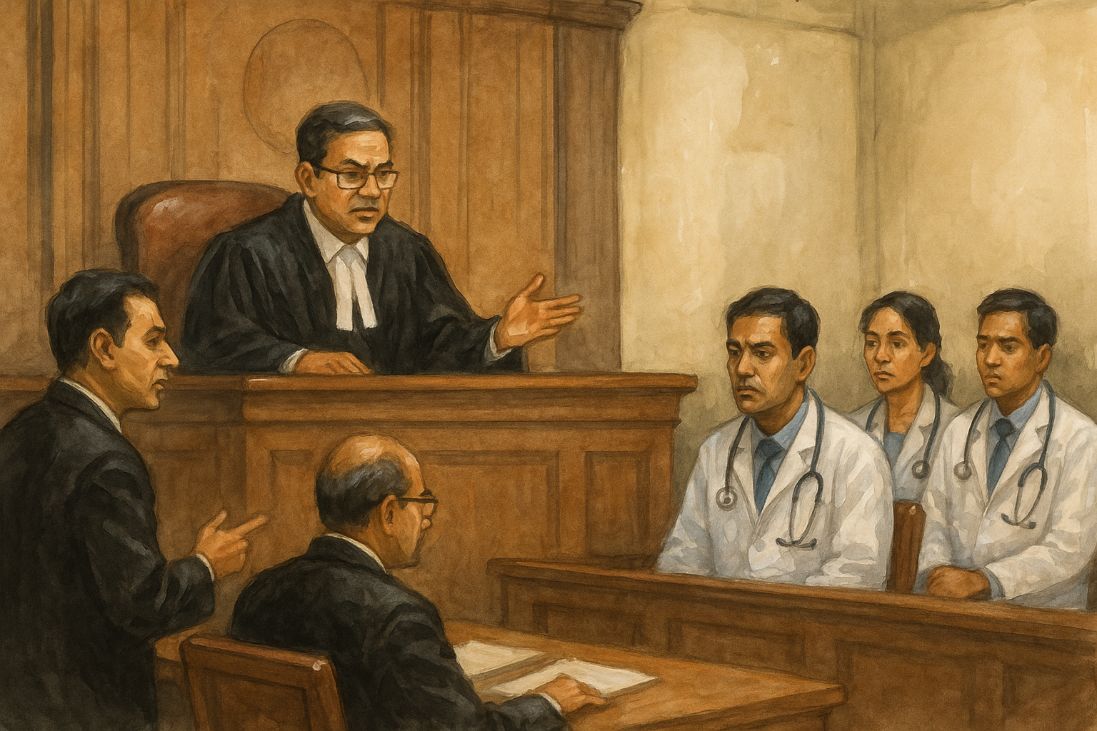 Courtroom illustration of doctors and lawyers in Patna High Court dispute over PG diploma to MD/MS seat conversion