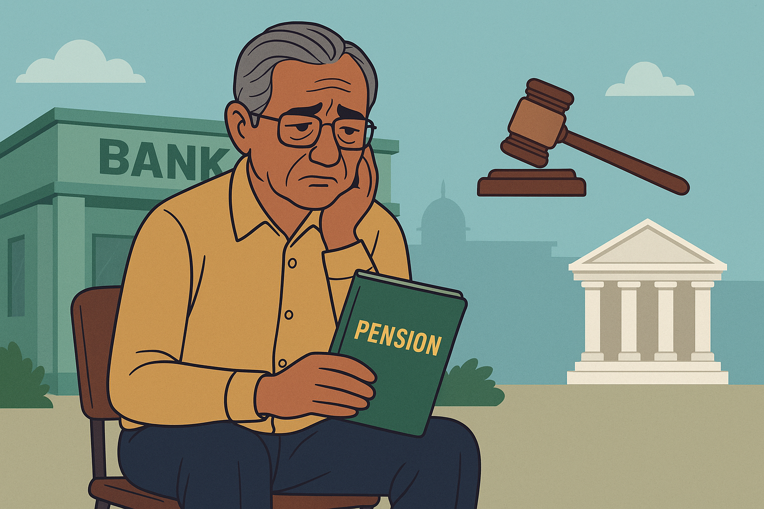 Illustration of elderly man waiting for delayed pension benefits, with court symbol representing Patna High Court judgment on retiral dues.