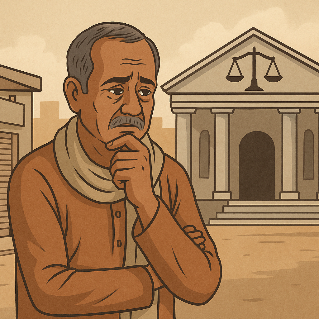 Illustration of a concerned man outside courthouse, symbolizing Patna High Court judgment on cancellation and restoration of PDS license.