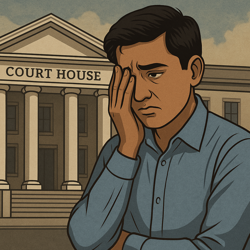 Illustration of distressed young man outside courthouse, symbolizing Patna High Court decision on dismissal of bank employee for impersonation charge.