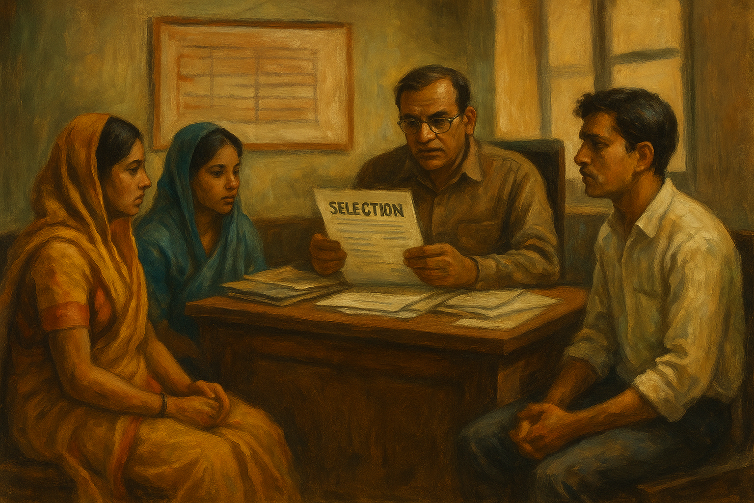 Oil painting of recruitment selection in Bihar showing ANM candidates before an official with a selection list