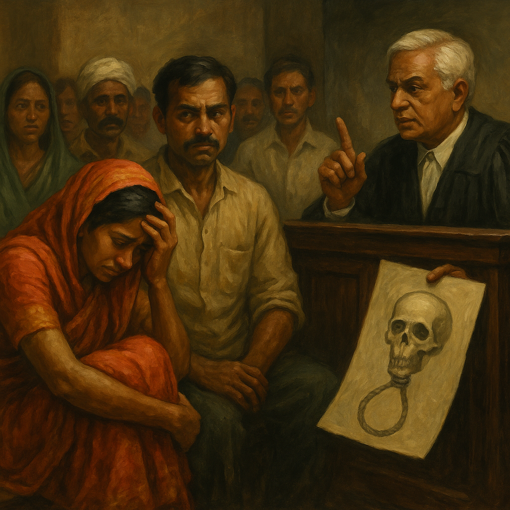 Oil painting of a rural Indian courtroom showing grief and judgment in a dowry death case