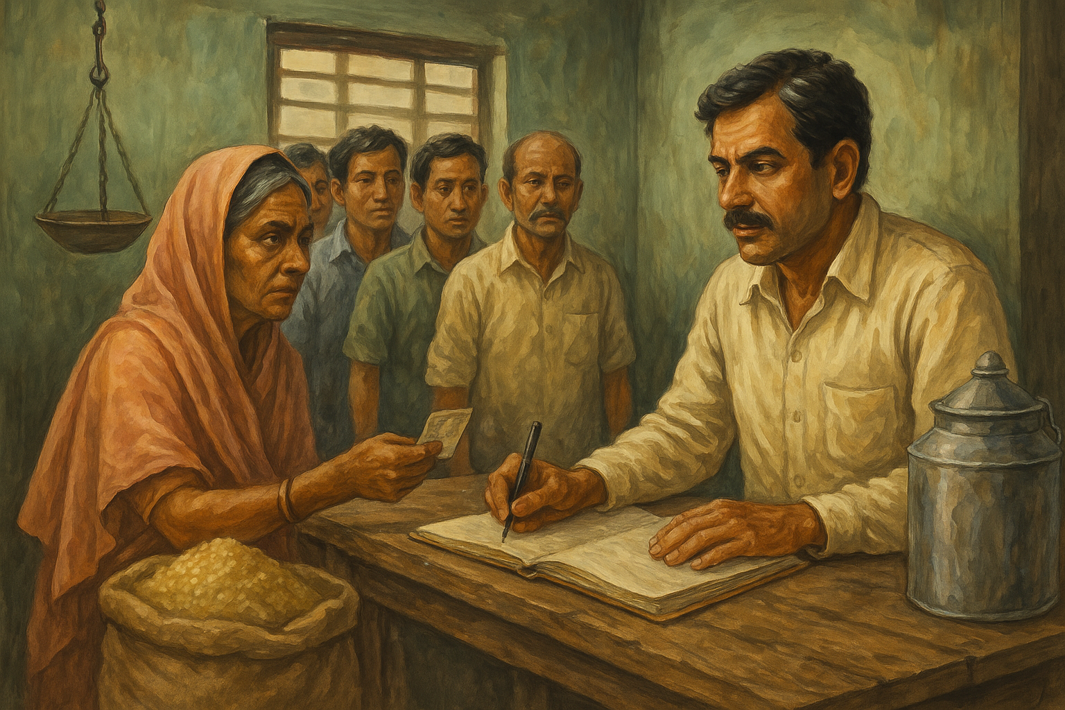 Courtroom-style painting of a ration shop dispute in Bihar, showing shopkeeper, villagers, and food distribution linked to Patna High Court judgment.