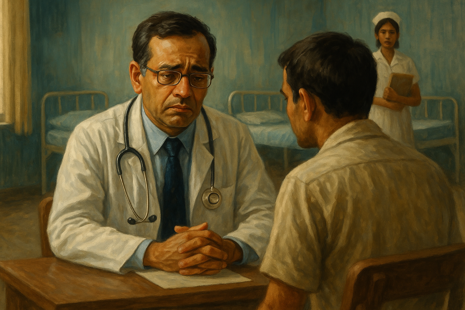 Symbolic painting of a doctor in Bihar facing termination of contractual service, showing concern in a hospital setting linked to Patna High Court judgment.