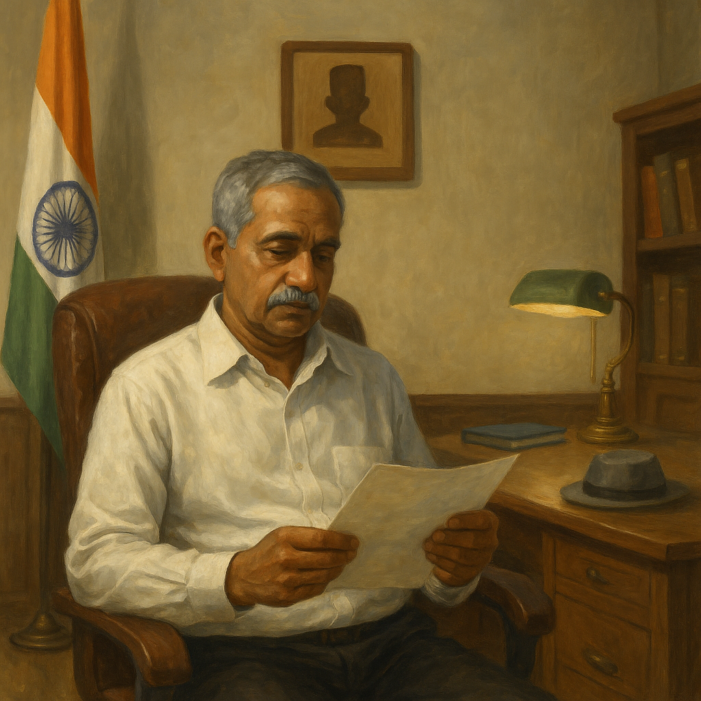 Painting of a retired Indian government officer reading official retirement papers in his office, symbolizing Patna High Court’s voluntary retirement ruling.