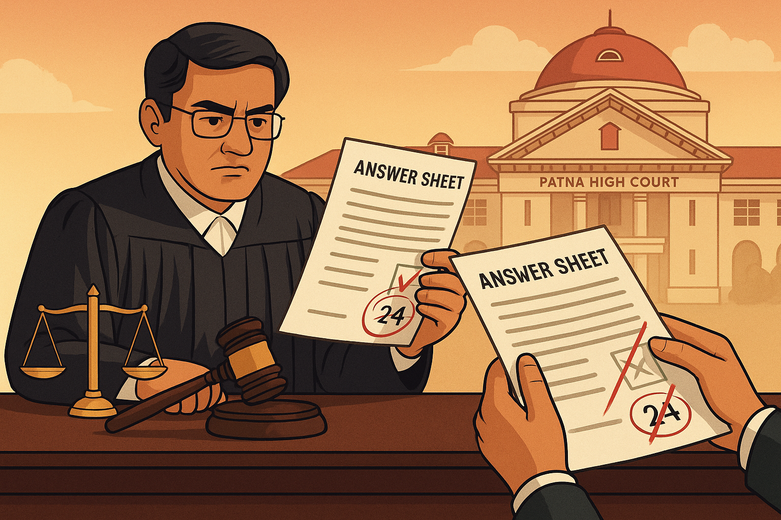 A digital illustration of Patna High Court judge reviewing disputed exam answer sheets for revaluation and scrutiny of university marks.