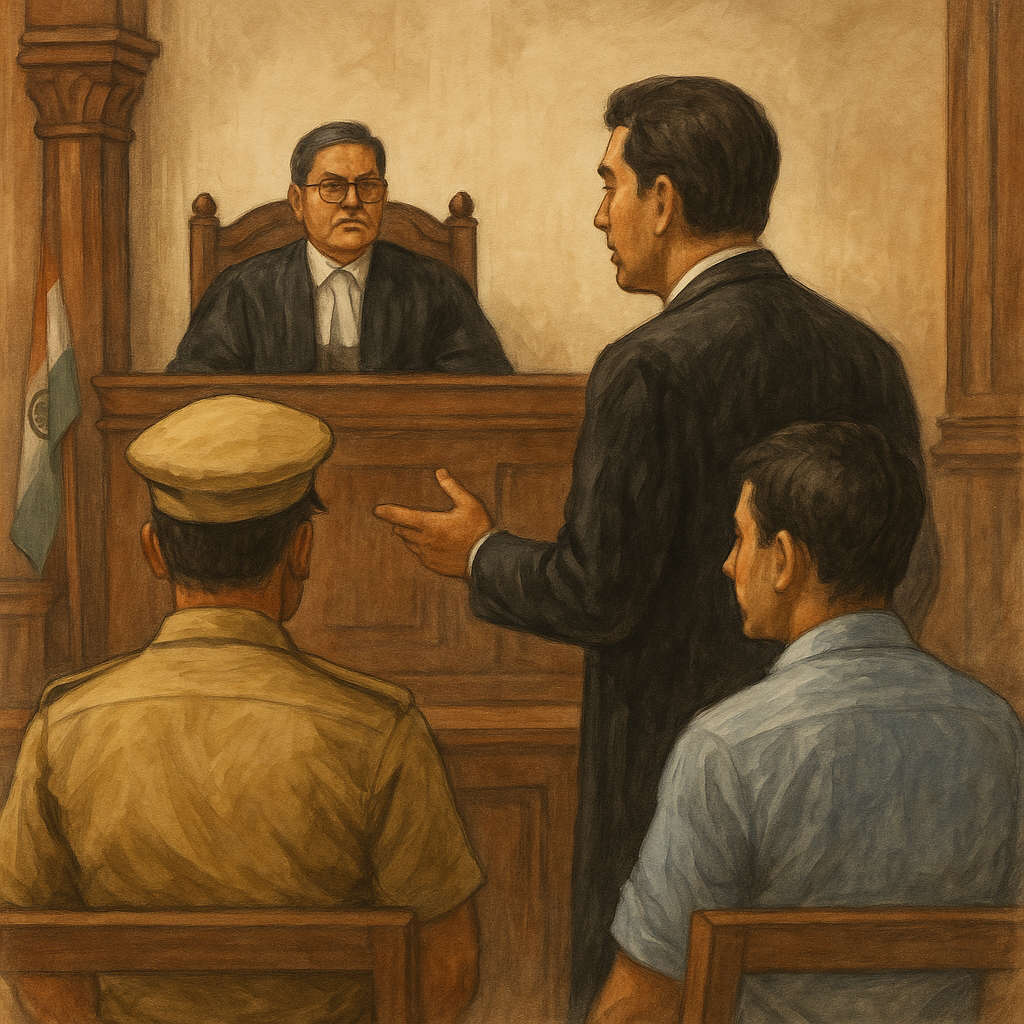 Courtroom illustration showing constables and lawyers during pension rights dispute at Patna High Court.
