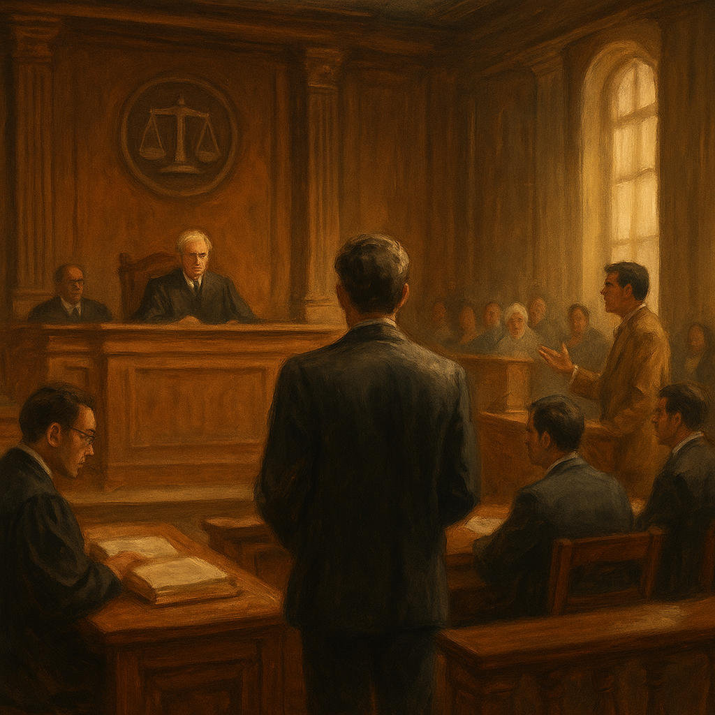 Courtroom illustration of Patna High Court hearing on illegal land sale during ceiling proceedings in Bihar.